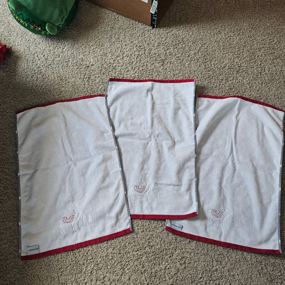 Arctic Holiday Christmas Hand Towels Set of 3 Reindeer Snowflake Gray Red Plush